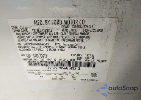 2010 Ford Taurus Sel z USA, uszkodzony, nr VIN 1FAHP2EW5AG142513